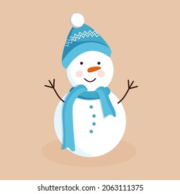 Snowman in hat, scarf for postcards, posters, banners. Vector illustration of Merry Christmas and New Year.
