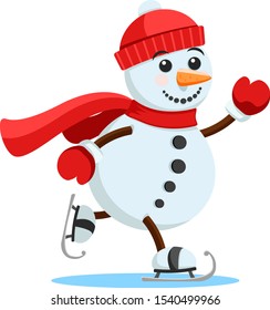 Snowman in a hat and scarf skating on a white background. Christmas