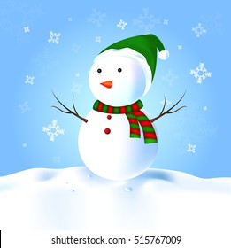 Snowman with hat, scarf, snow