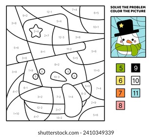 Hombre de nieve con sombrero y bufanda. Resuelva el problema, coloree la imagen. Adición, sustracción. Libro de colorear. Kawaii, dibujos animados, vector. Ilustración vectorial aislada