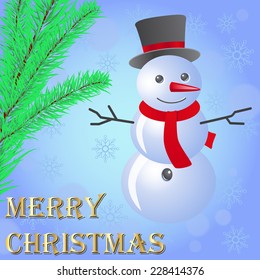 Snowman in a hat with a scarf and spruce branches on a blue background with snowflakes.