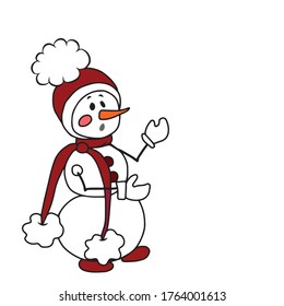 A snowman in a hat and scarf is surprised .Vector children's design for greeting cards, banners.