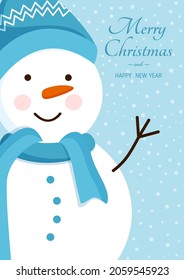 Schneemann in Hut, Schal unter dem Schnee für Postkarten, Plakate, Banner. Vektorgrafik von frohen Weihnachten und Neujahr