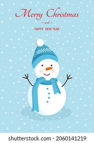 Snowman in hat, scarf under the snow for postcards, posters, banners. Vector illustration of Merry Christmas and New Year