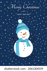 Snowman in hat, scarf under the snow for postcards, posters, banners. Vector illustration of Merry Christmas and New Year.