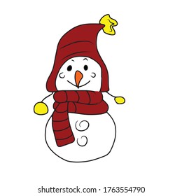 Hombre de nieve con sombrero y pañuelo. Diseño infantil vector para tarjetas de felicitación, carteles.