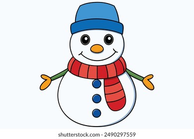Snowman with Hat and Scarf - Vector Illustration, Cartoon Clipart, Line Art Design.