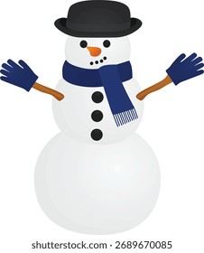 Muñeco de nieve con sombrero y bufanda. Ilustración vectorial