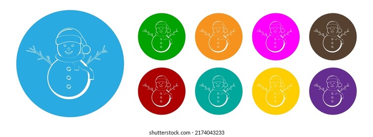 Snowman in hat, set of icons in different colors.