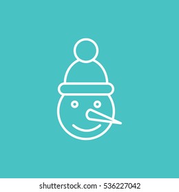 snowman with hat smile carrot nose line icon white on blue background