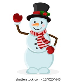 The snowman in the hat smiles and waves his hand in greeting.