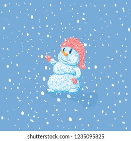 A snowman in a hat is smiling. Against the backdrop of snowfall.