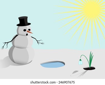 Snowman in hat startled looks at the first spring flowers under the rays of the hot sun.