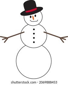 Hombre de nieve con sombrero y brazos de palo - Ilustración vectorial 