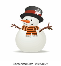 Snowman with hat and striped scarf isolated on white background. Vector illustration.