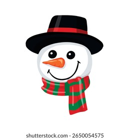Muñeco de nieve en un sombrero y bufanda de rayas, Ilustración vectorial