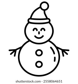 Snowman in hat thin black line icon. Editable vector stroke.