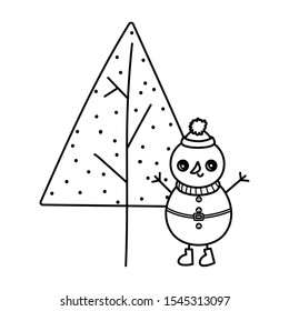 snowman with hat trees snow merry christmas vector illustration thick line