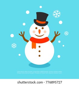 Snowman with hat vector greeting card illustration isolated on blue background