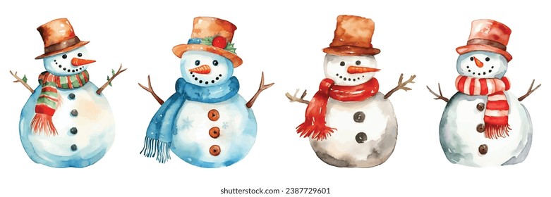 Snowman With Hat Watercolor Vector Illustration