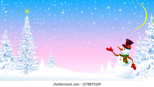 Snowman in a hat welcomes. Christmas tree. Star in the sky. Snowy forest. Snowman on the background of fir trees and snowflakes.