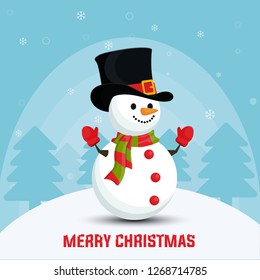 A snowman in a hat, winter background, Snowman on a background, trees and snowflakes, Christmas greeting cad - Vector, Illustration