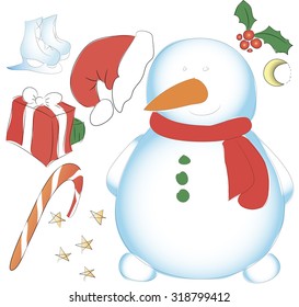 Snowman hatless, skating, box and other decorative elements. New Year or Christmas set for decorating your product.It can be used to design greeting cards, booklets, newspapers, web-based resources