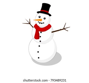 Snowman have black Hat and red scarf, for Christmas concept. Vector Illustration.