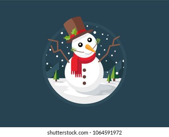 Snowman have brown hat and red scarf, for Christmas concept. Snow and mounains in the background. Vector flat Illustration.