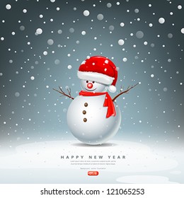 Snowman have Hat red Santa Claus on snow background, vector illustration