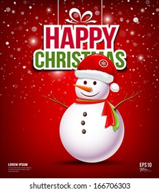 Snowman have Hat red Santa Claus on red background, vector illustration