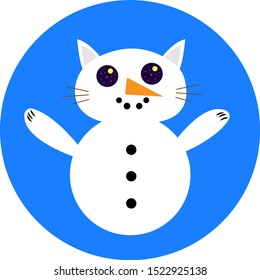 snowman with the head of a cat in whose eyes the night sky with the moon and stars reflects the concept of the new year and christmas