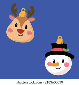 Snowman head and deer head, vector illustration.
