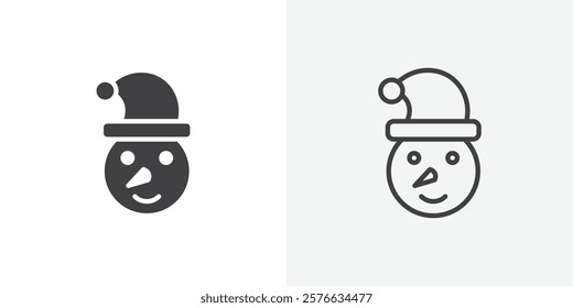 Snowman head icon set in black flat solid and outlined style.