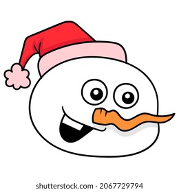 snowman head wearing a happy face christmas hat, vector illustration carton emoticon. doodle icon drawing