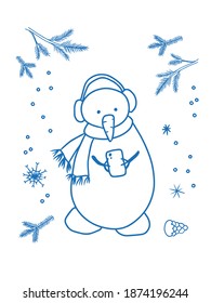 Snowman in headphones and in a scarf scrolling in a smartphone. Funny character of a young snowman and coniferous branches with snow. Blue one-line sketch isolated on white background. 