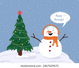 A snowman in headphones wishes Merry Christmas. Winter landscape. Postcard template for Christmas and New Year. Vector illustration. 
