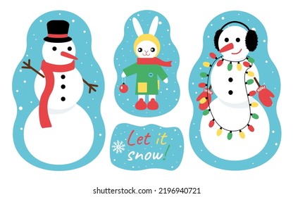 Snowman in headphones wrapped in string, in hat, rabbit christmas ball. let it snow sticker pack bundle. Set of winter stickers. Happy new year. Light string