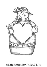 Snowman with heart frame.