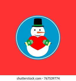Snowman with heart icon, Christmas symbol, flat design template, isolated circle sticker, vector illustration