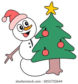 snowman hiding behind the christmas tree. vector illustration of cartoon doodle sticker draw