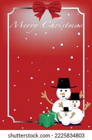 Snowman and his family in christmas festival with green box., Merry Christmas card.