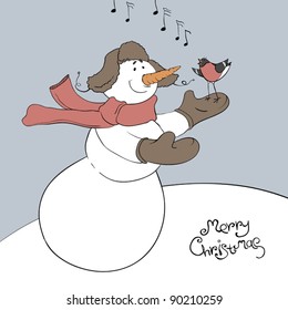 Snowman and his friend - bullfinch. Christmas illustration, vector, eps8.