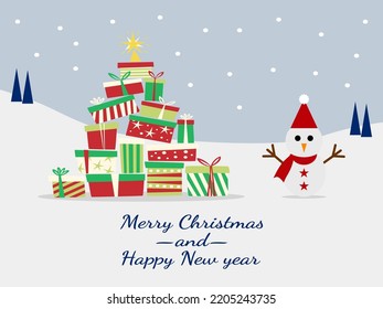 Snowman with his gifts on snow floor. Merry Christmas and Happy New Year   vector for postcard, greeting card, poster, background, promotion or decorate.