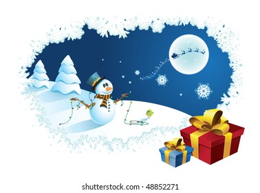snowman and his little friend waiting for Santa
