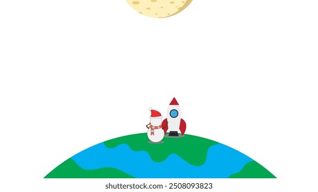 Snowman and his rocket want go to the moon,  isolated in white background , suitable for christmas themes space adventure