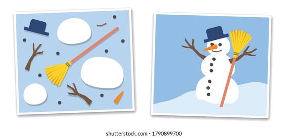 Snowman and his single parts - jumpled and put together. Vector comic illustration on blue background.
