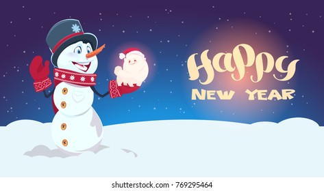 Snowman Hold Cute Dog Symbol Of New Year 2018 Decoration Holiday Greeting Card Flat Vector Illustration