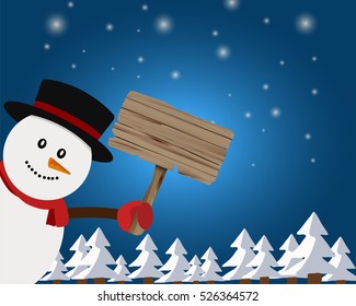 Snowman hold wooden sign board with copy space.Concept design for greeting card, poster and banner for Christmas and new year season in vector illustration