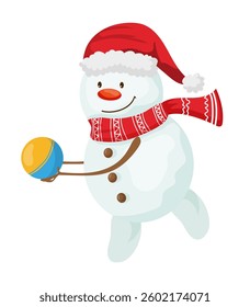 A snowman holding a ball and wearing a red Santa hat
